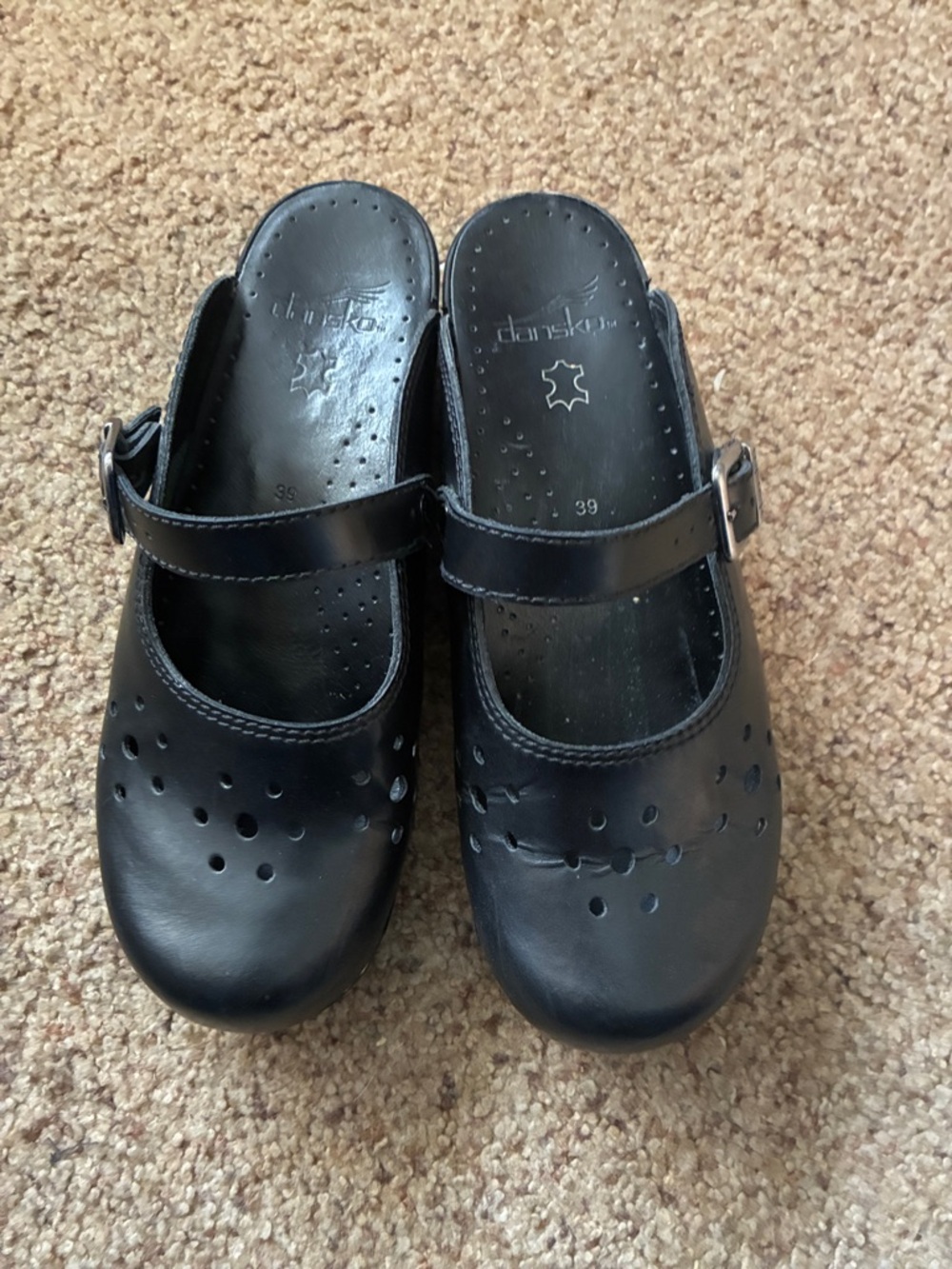 Dansko Black Leather Mary Jane Clogs with Perforated Toe 39